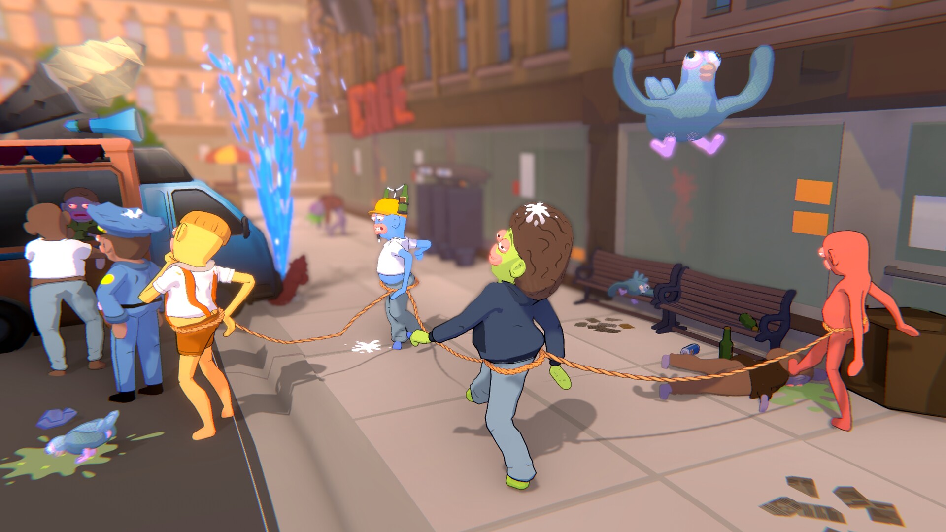 Four characters connected by a rope on a city street in an official Friendly Steps screenshot