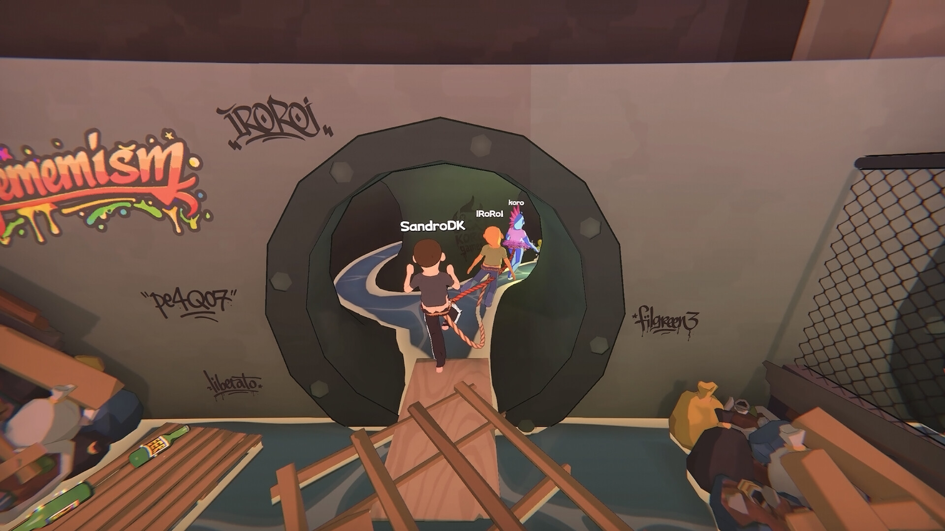 Friendly Steps players entering a pipe in official media